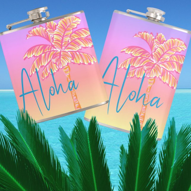 Pink Tropical Sunset Palm Tree Aloha 6oz.  Flask (Keep hydrated! Personalize it!)