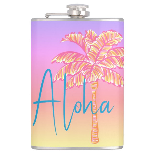 Pink Tropical Sunset Palm Tree Aloha 8oz.  Flask (Front)