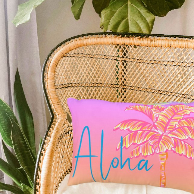 Pink Tropical Sunset Palm Tree Aloha Outdoor Accent Pillow (A colorful tropical pink palm tree with Aloha in Caribbean blue against an island sunset background!)