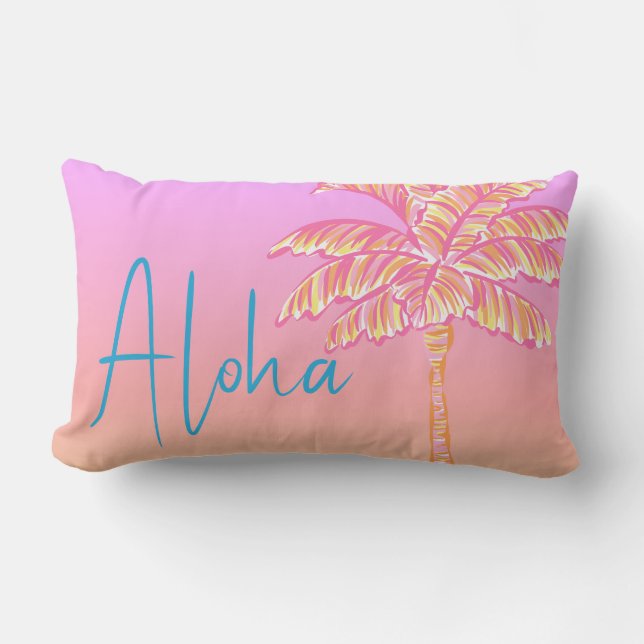 Pink Tropical Sunset Palm Tree Aloha Outdoor Lumbar Pillow (Front)
