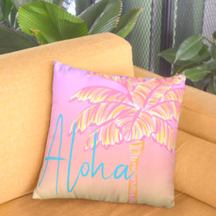 Pink Tropical Sunset Palm Tree Aloha Outdoor Outdoor Pillow