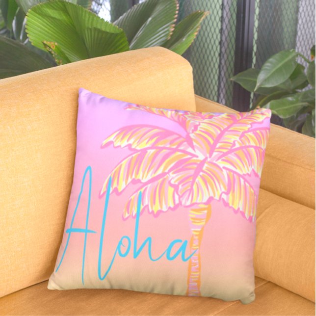 Pink Tropical Sunset Palm Tree Aloha Outdoor Pillow (Aloha!)