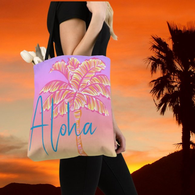 Pink Tropical Sunset Palm Tree Aloha Outdoor Tote Bag (The tropics are calling!)
