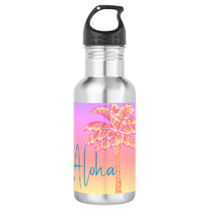 Pink Tropical Sunset Palm Tree Aloha Stainless Steel Water Bottle