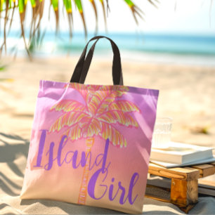 Pink Tropical Sunset Palm Tree Island Girl Tote Bag