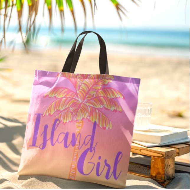 Pink Tropical Sunset Palm Tree Island Girl  Tote Bag (Do you know an Island Girl?)