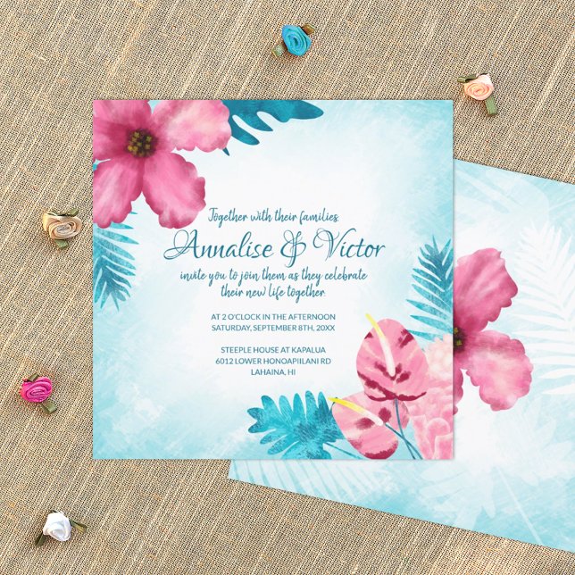 Pink Tropical Teal Hibiscus Wedding Invitation (turquoise and pink tropical wedding invitation card, pink Hawaiian hibiscus and gumdrop flowers)