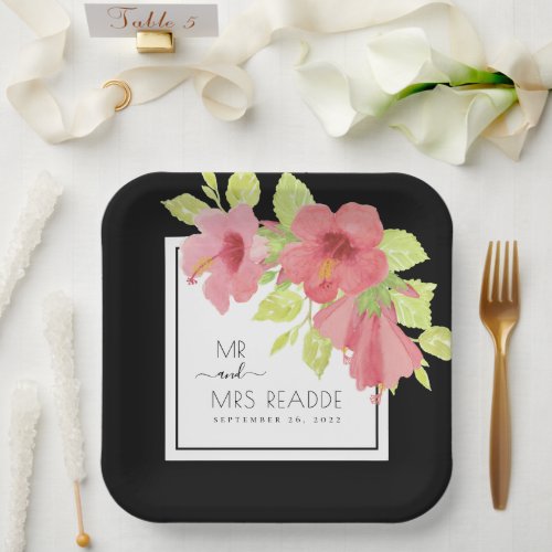 Pink Tropical Watercolor Flowers Wedding Square Paper Plates