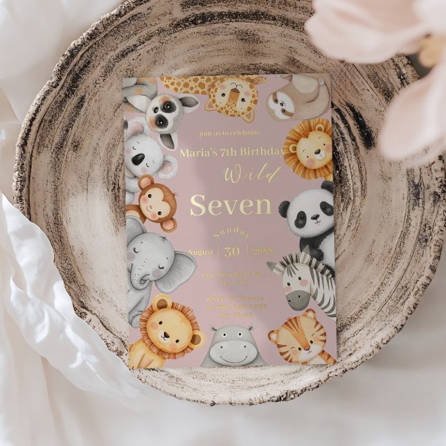 Pink Tropical Wild Jungle Safari Animals  Foil Invitation (Creator Uploaded)