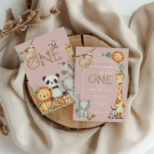 Pink Tropical Wild One Jungle Safari Animals Invitation