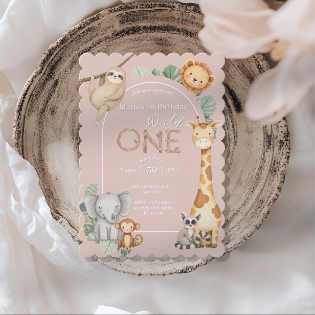 Pink Tropical Wild One Jungle Safari Animals  Invitation (Creator Uploaded)