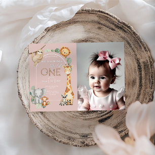 Pink Tropical Wild One Jungle Safari Animals  Invitation