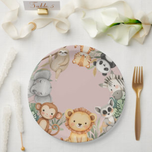 Pink Tropical Wild One Jungle Safari Animals Paper Plates