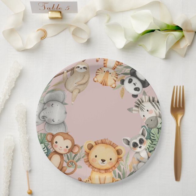Pink Tropical Wild One Jungle Safari Animals  Paper Plates (Wedding)