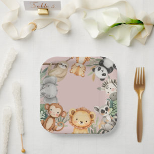 Pink Tropical Wild One Jungle Safari Animals  Paper Plates