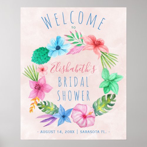 Pink tropical wreath bridal shower welcome sign