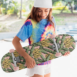 Pink Tropical Yellow Bananas and Leaves Skateboard