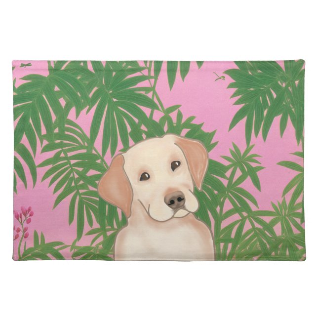 Pink Tropical Yellow Lab Cloth Placemat (Front)