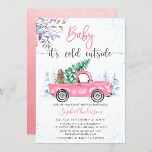 Pink Truck Baby Its Cold Outside Girl Baby Shower Invitation