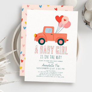 Pink Truck Balloons Girl Baby Shower Invitation