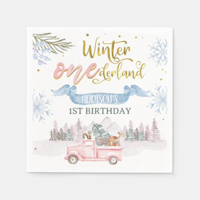 Pink Truck Banner Winter Onederland Birthday Napkins (Front)