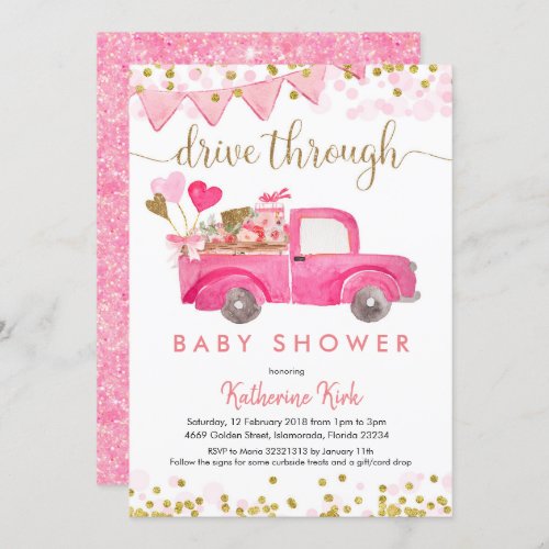 Pink Truck Drive Through Baby Shower Invitation