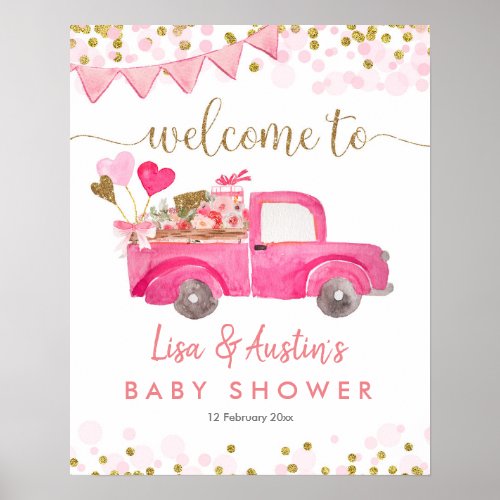 Pink Truck Drive Through Baby Shower Welcome Sign