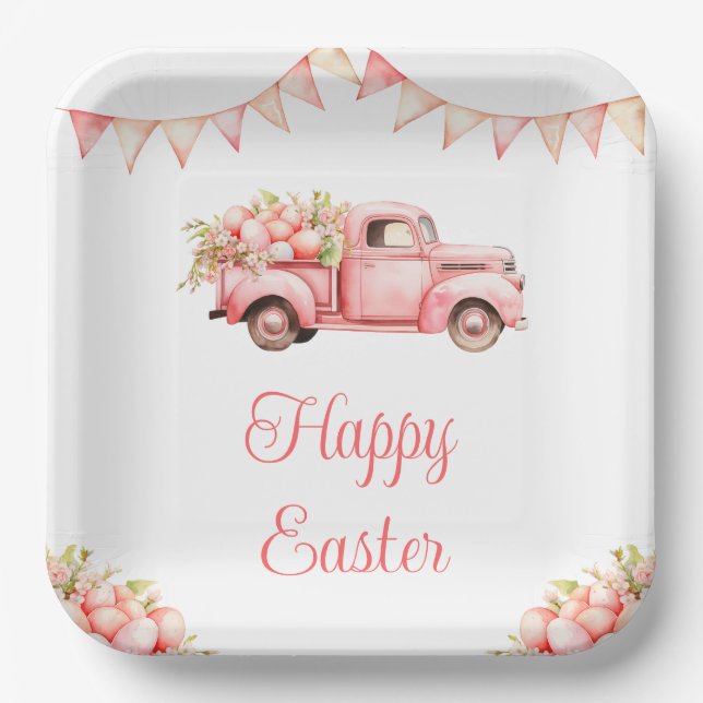 Pink Truck Easter Egg Hunt Paper Plates (Front)