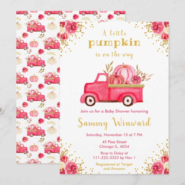 Pink Truck Fall Pumpkin Baby Shower Invitation (Front/Back)