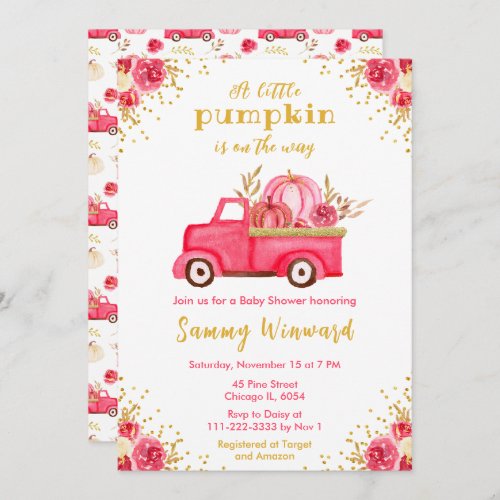 Pink Truck Fall Pumpkin Baby Shower Invitation