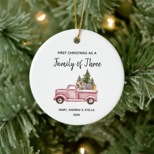 Pink Truck First Christmas as a Family of Three Ceramic Ornament