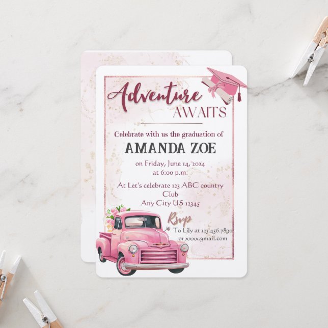 Pink truck graduation invitation (Front/Back In Situ)