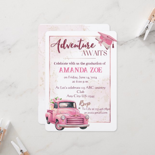Pink truck graduation invitation (Front/Back In Situ)