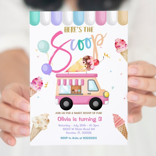 Pink Truck Ice Cream Birthday Invitation