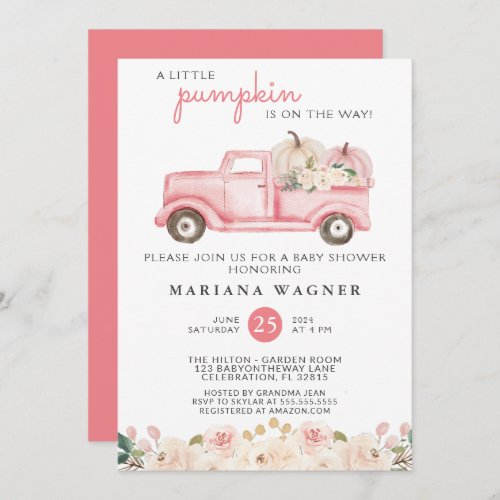 Pink Truck Little Pumpkin Baby Shower Invitation
