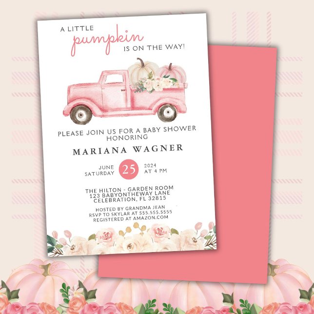 Pink Truck Little Pumpkin Baby Shower Invitation (Creator Uploaded)