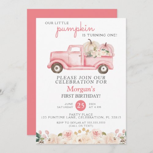 Pink Truck Little Pumpkin Birthday Party Invitation