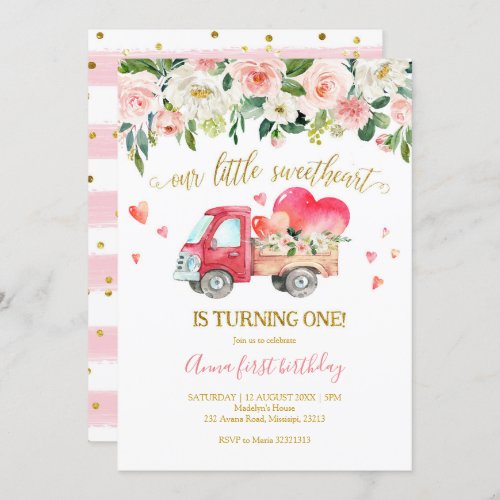 Pink Truck Our Little Sweetheart First Birthday Invitation