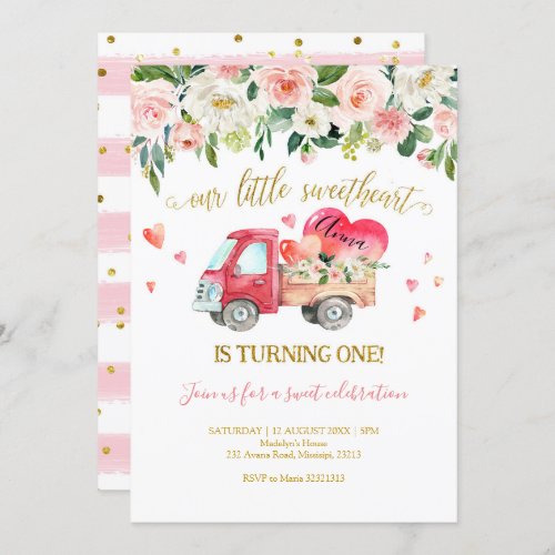 Pink Truck Our Little Sweetheart First Birthday Invitation