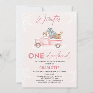 Pink Truck Photo Winter Onederland 1st Birthday Invitation