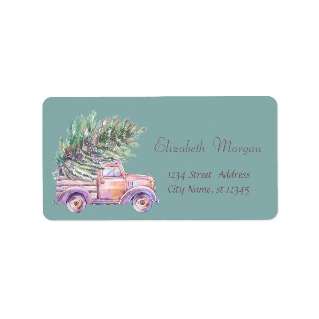 Pink Truck Pine Tree Christmas Label (Front)