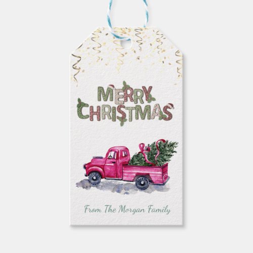 Pink Truck Pine TreesConfettiMerry Christmas  Gift Tags