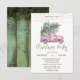 Pink Truck Pine Trees,Lights Wood Christmas Party Invitation