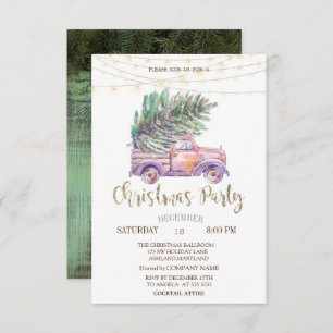 Pink Truck Pine Trees,Lights Wood Christmas Party Invitation
