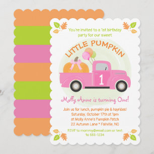 Pink Truck Pumpkin 1st First Birthday Girl Party Invitation