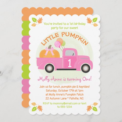 Pink Truck Pumpkin 1st First Birthday Girl Party Invitation