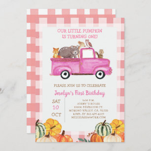 Pink Truck Pumpkin  Animals 1st Birthday Invitation