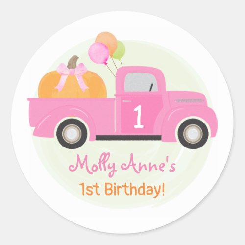 Pink Truck Pumpkin Balloons Fall 1st Birthday Girl Classic Round Sticker