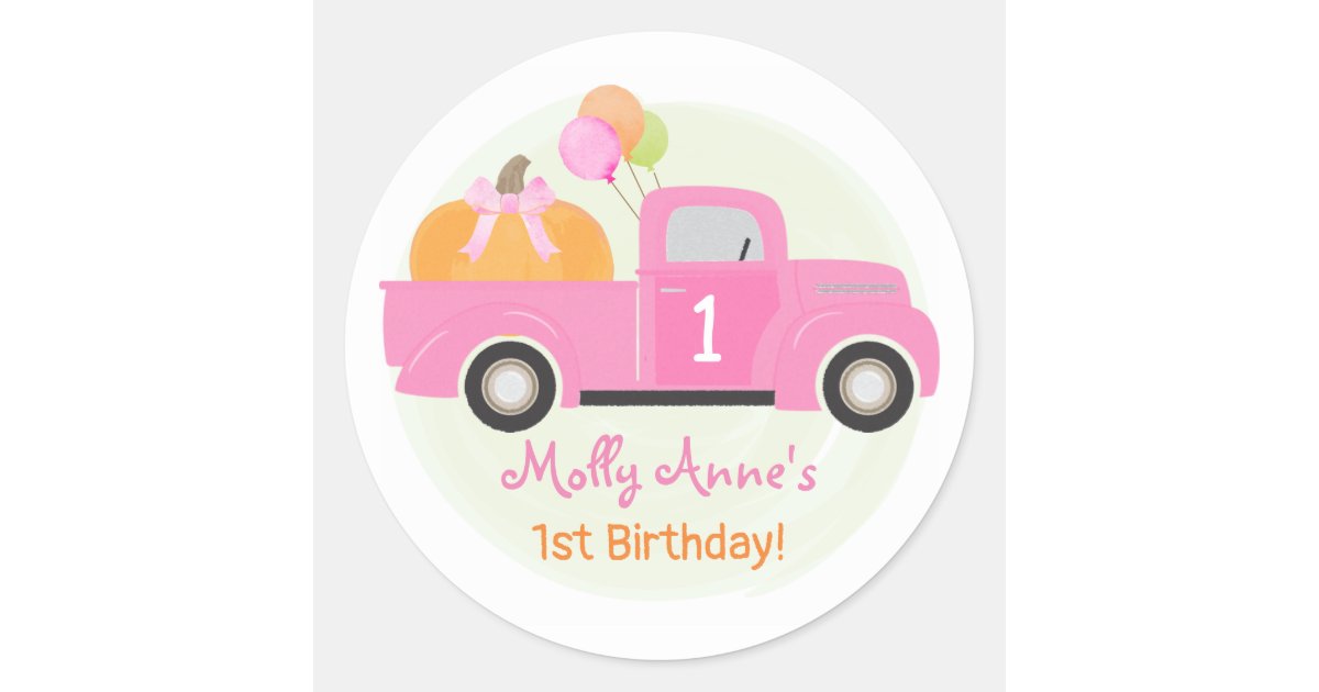 Pink Truck Pumpkin Balloons Fall 1st Birthday Girl Classic Round ...
