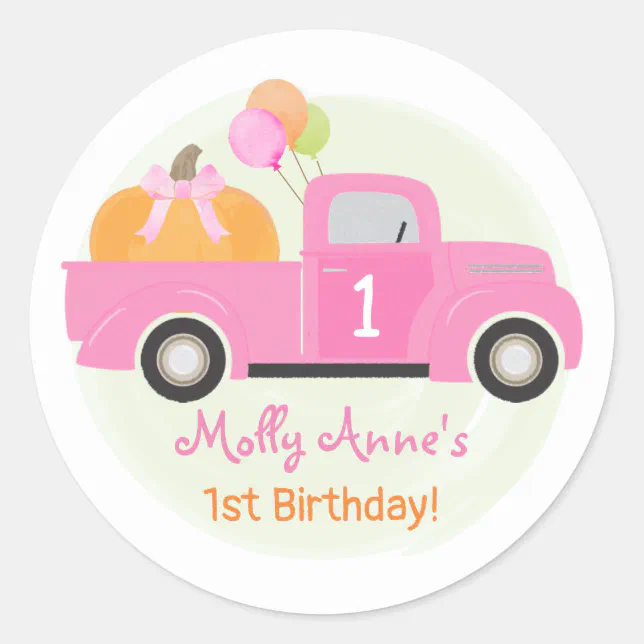 Pink Truck Pumpkin Balloons Fall 1st Birthday Girl Classic Round ...